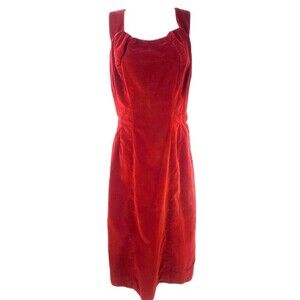 Vintage Red Velvet Dress Small Side‎ Zip Pleated Shoulder Strap Straight Midi